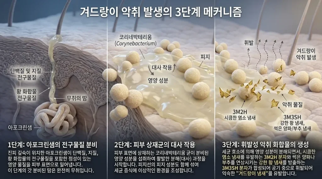 피부 표면 아포크린샘에서 분비된 영양 성분을 코리네박테리움 세균이 분해하여 시큼한 3M2H 분자와 유황 성분의 3M3SH 악취 분자를 만들어내는 과정을 설명한 3D 인포그래픽