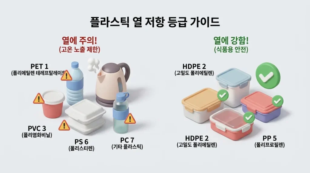 고온에 조심해야 할 플라스틱 재질과 안전한 내열 용기를 비교한 3D 인포그래픽