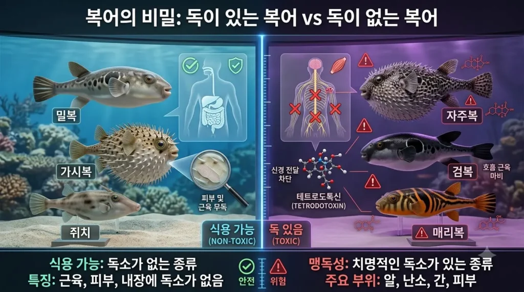 독이 있는 복어(자주복, 검복, 매리복)와 독이 없는 복어(밀복, 가시복, 쥐치)의 종류와 특징을 한글로 비교 설명하는 3D 인포그래픽 이미지. 테트로도톡신의 작용 메커니즘 도식이 포함됨