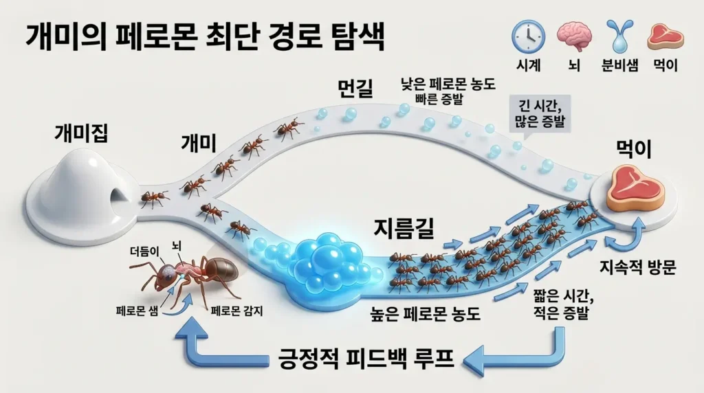 개미 둥지에서 먹이까지의 두 경로(짧은 길, 긴 길)를 비교. 짧은 경로는 개미가 많고 페로몬 분자가 조밀(진함)하며, 긴 경로는 개미가 적고 페로몬 분자가 확산(연함)됨. 페로몬 증발 속도 차이가 최단 경로 선택을 유도함을 보여주는 다이어그램