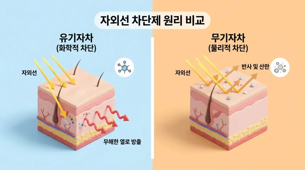 기자차(화학적)와 무기자차(물리적) 선크림의 원리를 비교하는 3D 인포그래픽 다이어그램, 피부 단면에서 자외선 흡수와 반사를 시각적으로 설명