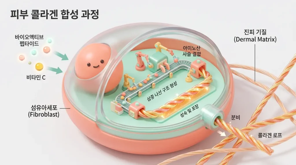 저분자 펩타이드와 비타민 C가 피부 섬유아세포를 자극하여 콜라겐 삼중나선을 합성하는 과정을 나타낸 3D 인포그래픽