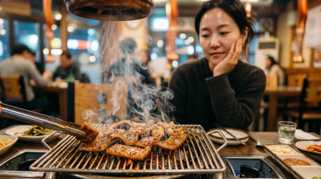불판 위에 익어가는 돼지껍데기를 보며 탄력 있는 피부를 상상하는 여성의 모습