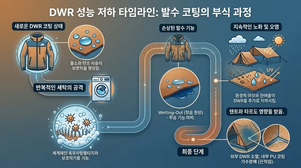 방수 의류와 텐트의 DWR 발수 코팅이 망가지는 과정을 보여주는 인포그래픽 타임라인. 새 제품의 방수 상태부터 세제 계면활성제 공격, 겉면 원단이 젖는 웻아웃 현상, 야외 노출로 인한 마모 및 텐트 안쪽 PU 코팅의 끈적이는 가수분해 현상까지 순서대로 설명하는 그림