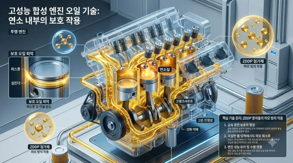 3D 인포그래픽으로 표현된 엔진 내부의 화학물질 칵테일 엔진오일