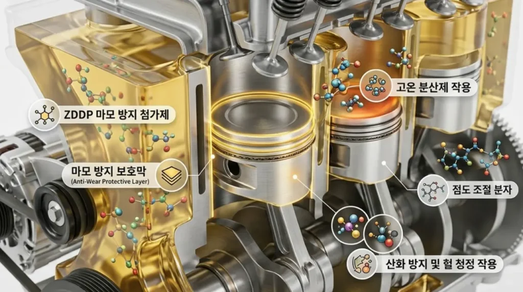 3D 인포그래픽으로 표현된 엔진 내부의 화학물질 칵테일 엔진오일