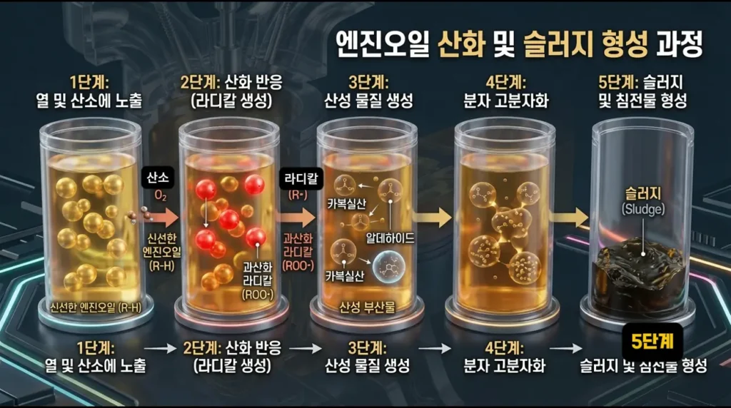 엔진오일의 화학적 산화 과정 및 슬러지 형성 단계를 나타낸 3D 인포그래픽
