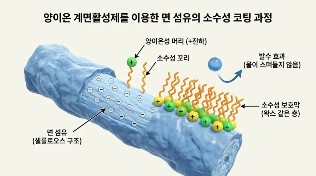 양이온 계면활성제가 면 섬유 표면에 기름막을 형성하여 물 분자를 튕겨내는 구조 다이어그램