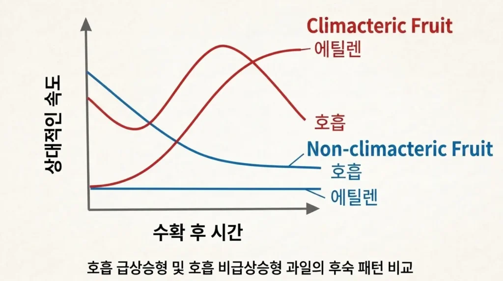 시간 경과에 따른 클라이맥테릭(후숙) 과일과 비클라이맥테릭(비후숙) 과일의 호흡률 및 에틸렌 방출량 변화를 비교 분석하는 깔끔한 선형 그래프 인포그래픽