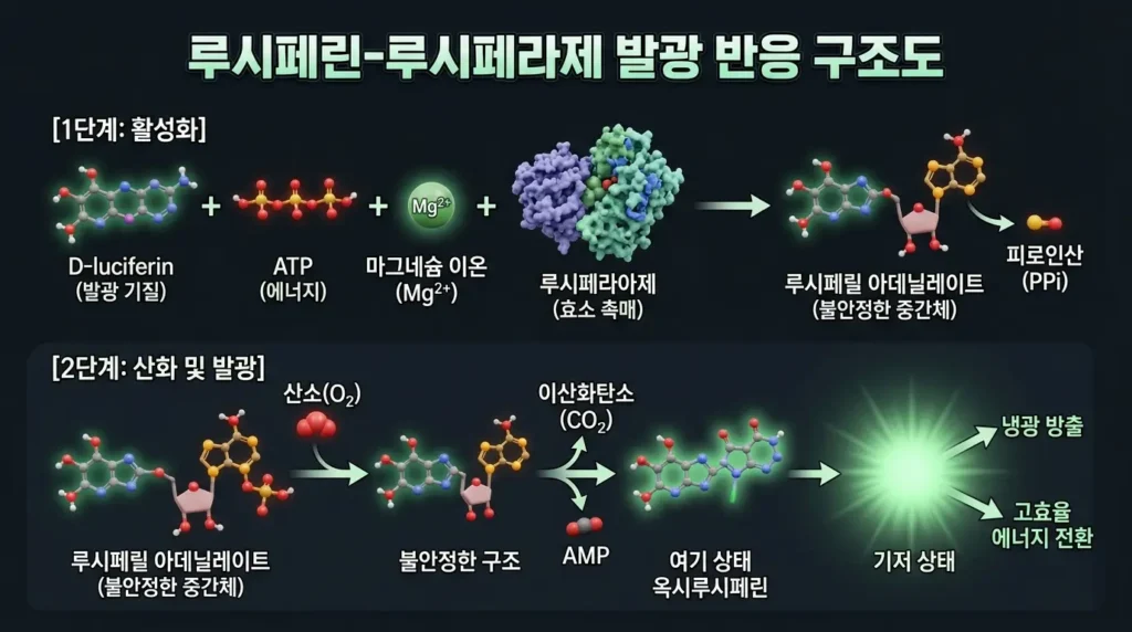 반딧불이 발광 기관에서 일어나는 '루시페린-루시페라제 반응'의 2단계 화학적 메커니즘을 보여주는 전문적인 3D 인포그래픽입니다
