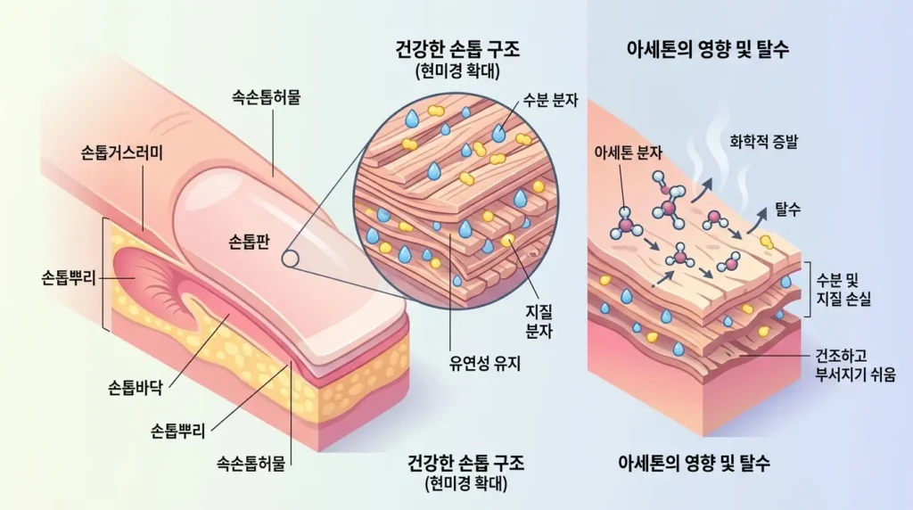 손톱 케라틴 층과 수분·지질 입자에 아세톤 성분이 작용하는 3D 인포그래픽 입체도