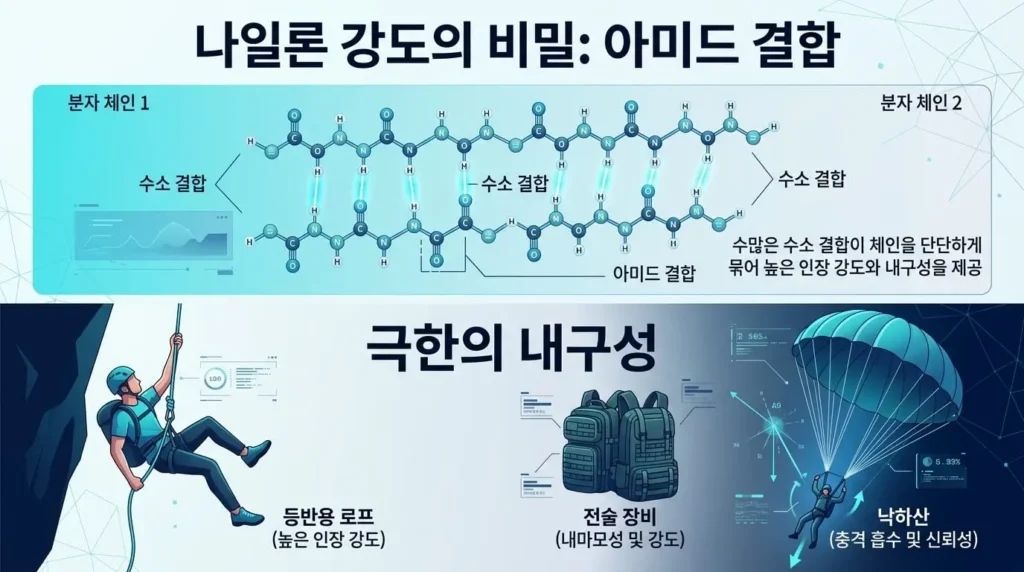 나일론 아미드 결합과 수소결합이 만드는 분자 강도, 등반 로프·전술 장비·낙하산 활용 예시 인포그래픽