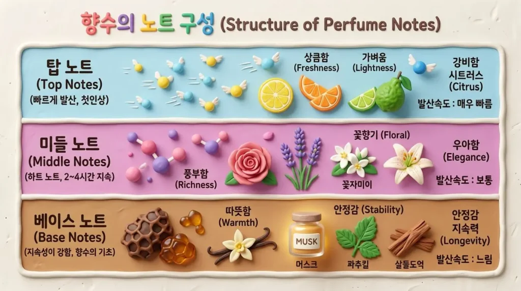 향수를 3가지 노트구성을 나타내는 인포그래픽