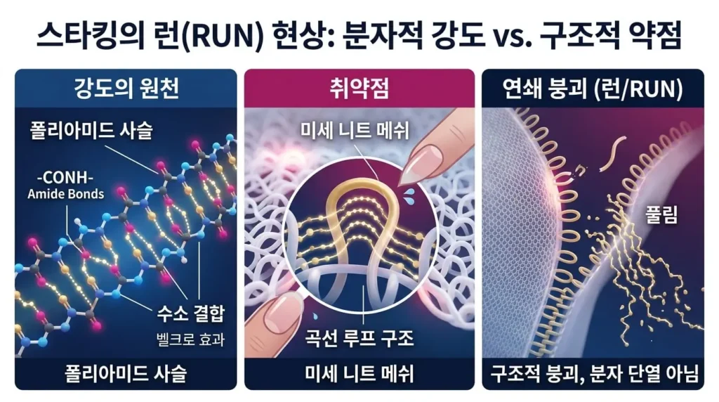 스타킹 런(run) 현상 원리 — 폴리아미드 사슬의 분자적 강도와 편물 구조의 취약점, 연쇄 붕괴 과정을 보여주는 인포그래픽