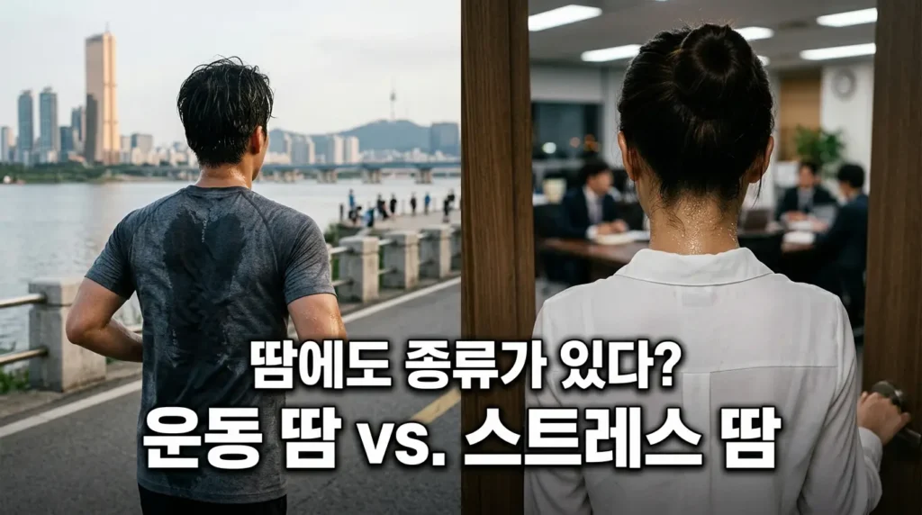 얼굴을 드러내지 않고 옷이 땀에 젖은 채 한강변을 조깅하는 뒷모습과, 면접장 문을 열고 들어가며 뒷목덜미에 긴장한 땀이 흐르는 모습을 2분할로 대조한 실사 블로그 대표 이미지