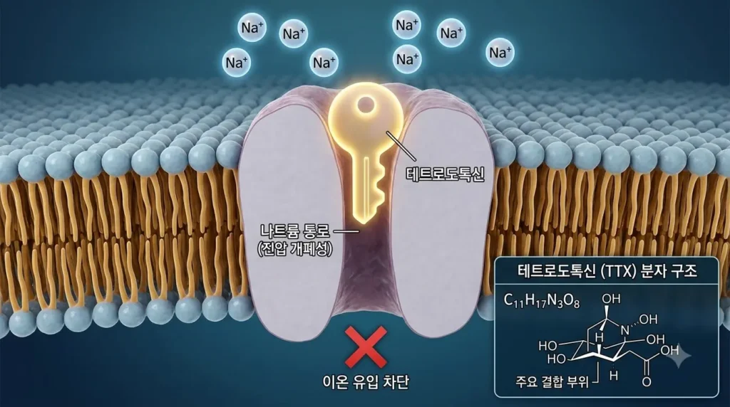신경세포막의 나트륨 이온 통로 입구를 테트로도톡신 분자가 물리적으로 막아 신호를 차단하는 3D 메커니즘 도식