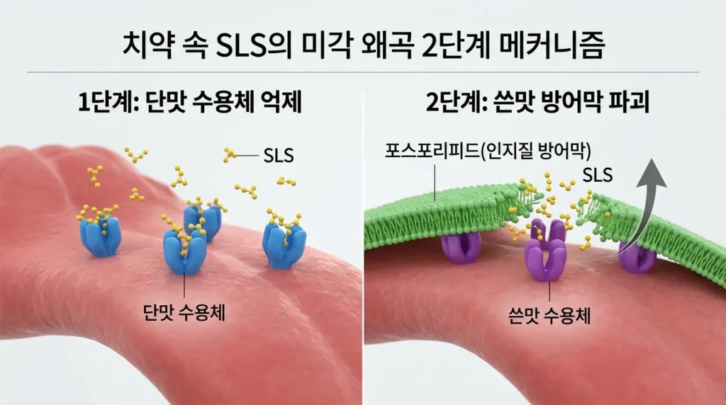 치약 속 SLS 성분이 혀의 미각 수용체를 교란하는 2단계 과정을 설명하는 깔끔하고 과학적인 3D 인포그래픽