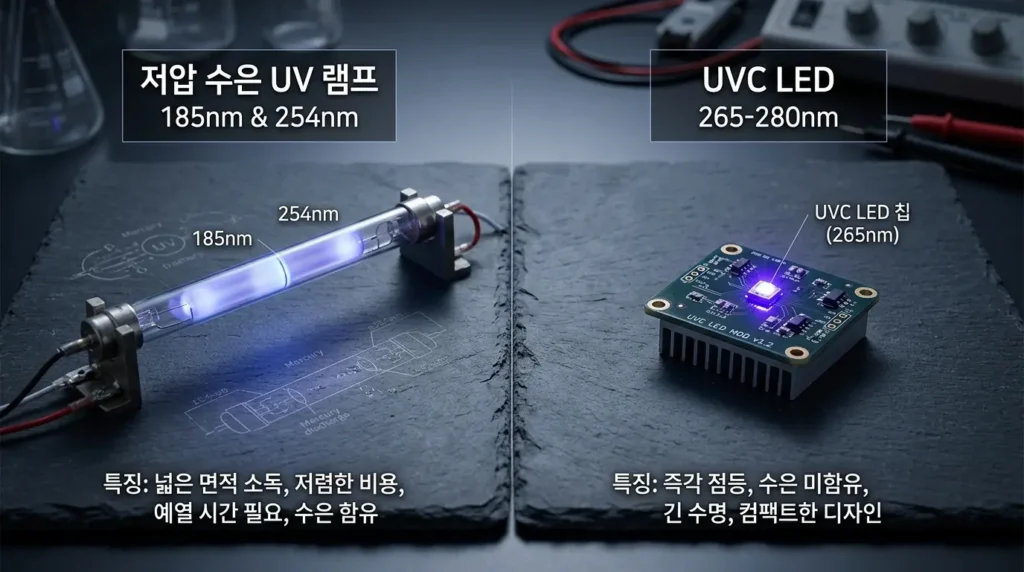실험실 테이블 위에서 185nm 및 254nm 파장을 방출하는 저압 수은 UV 램프 튜브와 265-280nm 파장을 방출하는 깔끔한 UVC LED 칩을 전문적으로 비교한 제품 사진