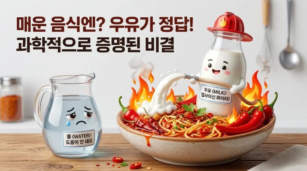 매운 음식을 먹고 물을 마셔 괴로워하는 모습과 우유를 마셔 진정된 모습의 물 vs 우유 대비 일러스트