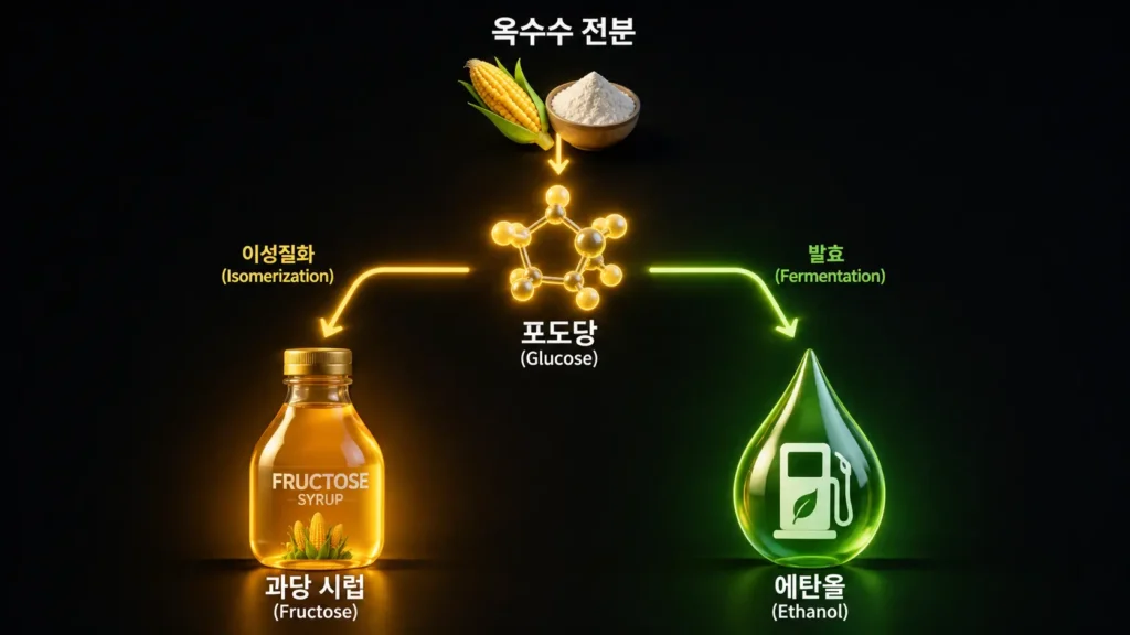 옥수수 전분에서 추출한 포도당이 효소 이성화와 효모 발효 과정을 거쳐 각각 과당과 에탄올로 합성되는 반응 경로 다이어그램