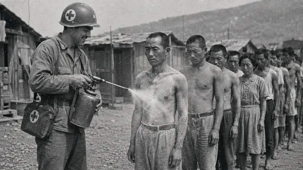 1950년대 위생병이 사람들에게 전염병 예방을 위해 DDT 살충제 가루를 직접 살포하는 장면을 묘사 하는 생성 이미지